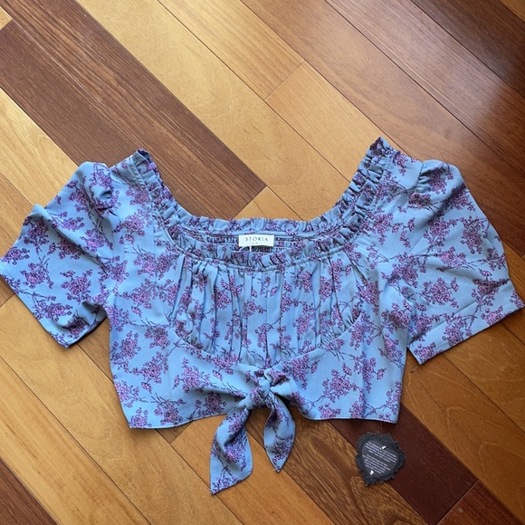 NWT Boutique 1861 Blue and Lilac Floral Crop Top w Tie Detail, size Medium - Picture 6 of 13